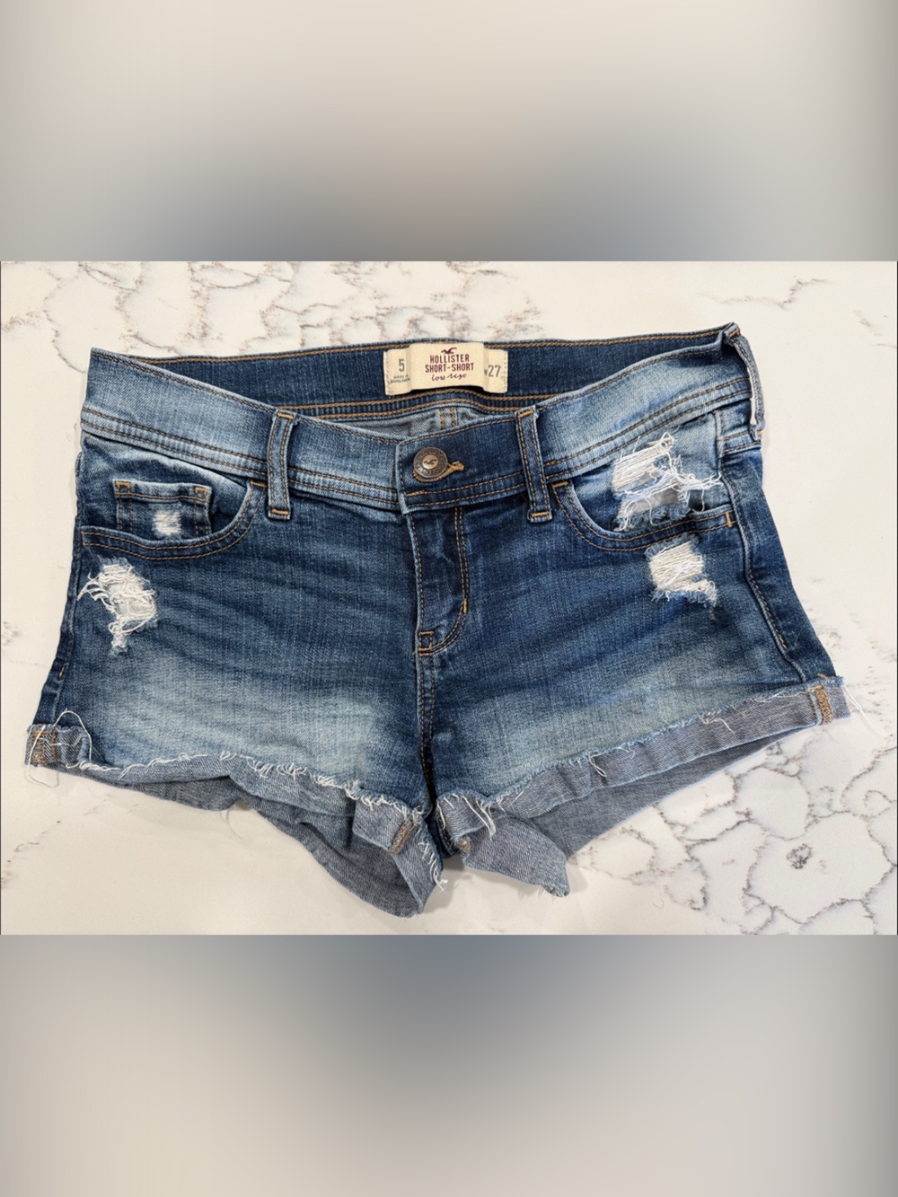Hollister Women's Distressed Medium Blue Denim Cutoff Shorts